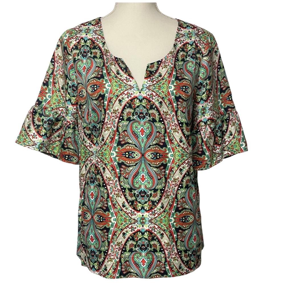 LOFT Boho Medallion Floral Ruffle Sleeve Notch V Neck Blouse Women's M